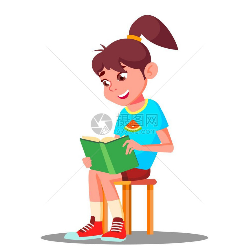 卡通可爱读书的小女孩矢量插图图片