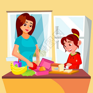 帮助母亲在厨房做饭的小女孩卡通矢量插画图片