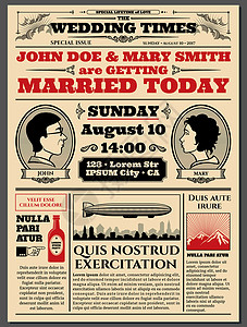 婚礼宣传海报旧式报纸头版婚礼邀请矢量布局报纸关于婚礼的信息文章婚礼邀请的插图背景