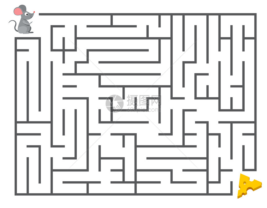儿童迷宫拼图矢量解以发展精神思维迷宫中的老鼠寻找奶酪的可爱老鼠迷宫拼图矢量解图片