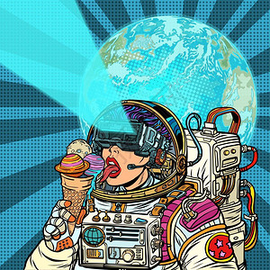 吃冰淇淋的甜美女性女宇航员吃冰淇淋插画