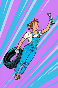 女机械轮胎飞行超级英雄帮助矢量图图片