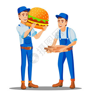抱着汉堡和披萨盒的年轻外卖员卡通矢量插画背景图片
