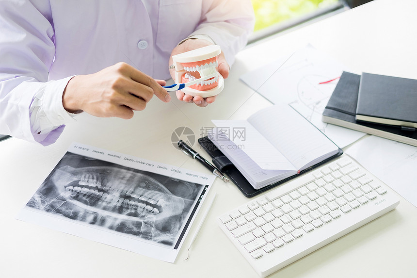 牙医坐在桌子上抽取下巴的牙齿模型样本图片
