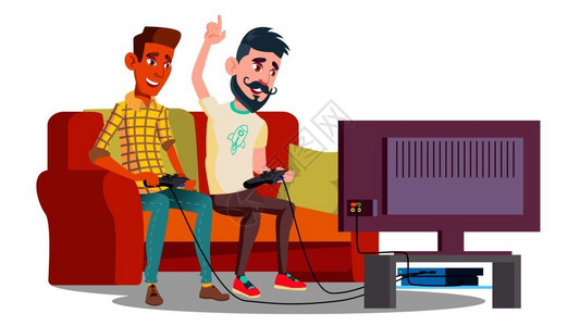 一组十几岁朋友在沙发矢量上玩电子游戏图片