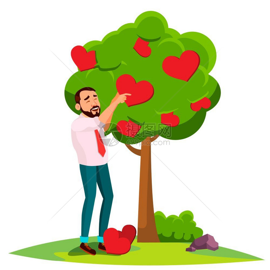 商人站在树上用心矢量开花孤立的插图图片