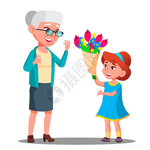 向祖母矢量送花的小女孩孤立的插图图片