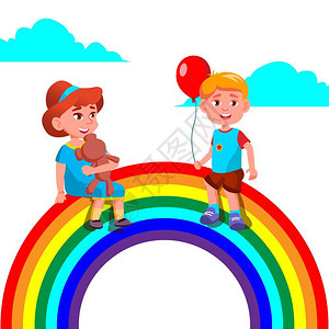 女孩和男孩坐在彩虹上图片