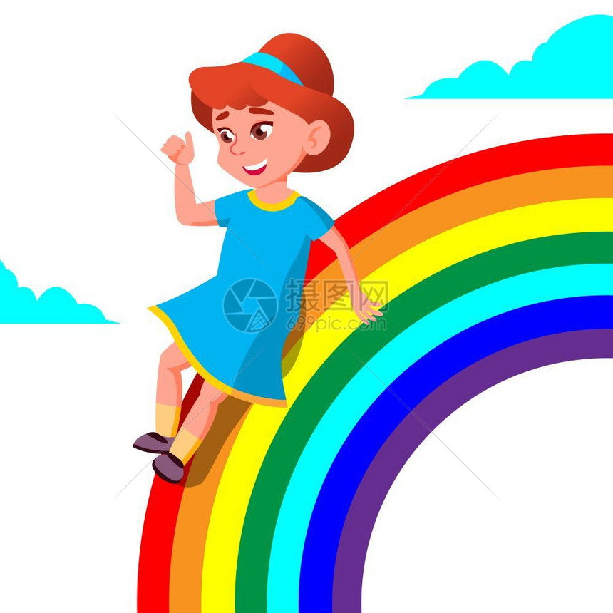 女孩坐在彩虹上图片