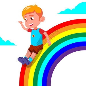 快乐的男孩坐在彩虹上图片