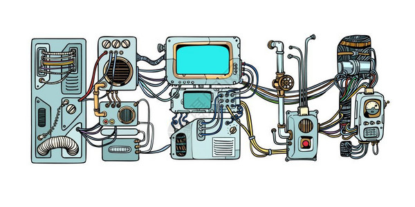 电热锅详情航天器的详情流行艺术反向矢量说明网球机器人的制和太空人的详细情况插画
