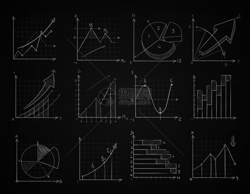 手绘商业统计数据图表社会黑板矢量集的粉笔图黑板和解的表手工绘制商业统计数据图表图片