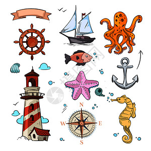 灯塔和马装有海星章鱼帆船锚罗盘和灯塔方向舵帆船海运说明章鱼锚船罗盘和灯塔的海病媒图设计星插画