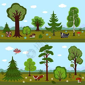 公园树木和动物矢量插画图片