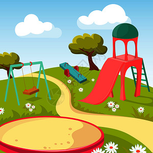 儿童娱乐公园配有游戏设备矢量图图片
