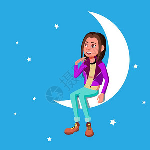 夜空中坐在月亮上的女孩图片