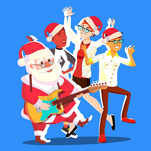一群人微笑和一群人共舞吉他在手快乐跳舞圣诞派对矢量插图圣达舞与一群人共插画