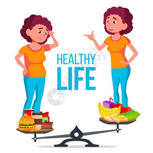 平衡饮食带有健康和不食物矢量的体重胖女孩和瘦孤立的插图有健康和不食物矢量的体重胖女孩和瘦孤立的漫画插图插画