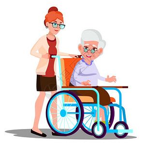 无效者护理员携带一名残疾老年妇女插画