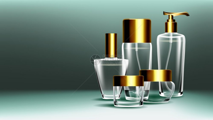 3个透明现实的模拟板插图化妆玻璃标的矢量瓶高级香水精3个孤立透明现实的模拟板插图图片