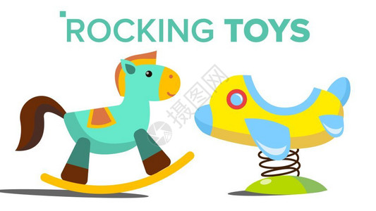 微型玩具马儿童游乐场摇摆马飞机玩具矢量平板卡通插图插画
