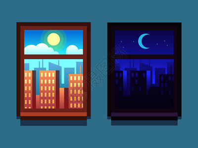 城市景观窗白天晚上窗景插画