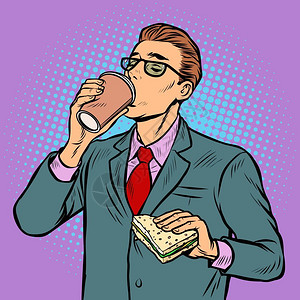 美味的流行的流行艺术复式矢量插图古老的董男人喝咖啡吃三明治插画