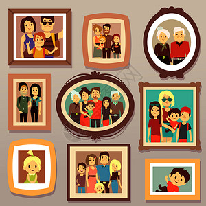家庭肖像框架父母幸福家庭大在壁矢量图纸上微笑的照片肖像图片