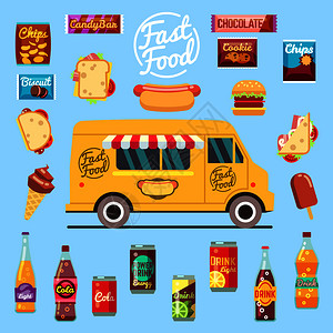 食品服务配有大套餐的食品卡车快餐车插画