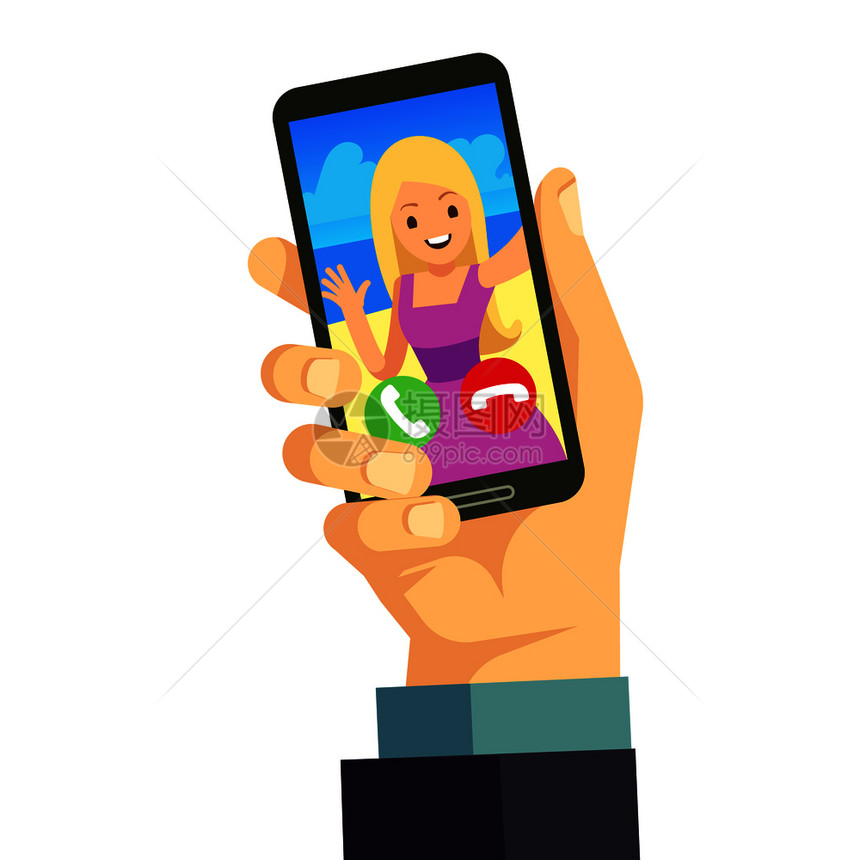 在线移动会议矢量背景移动在线视频电话插图与年轻快乐女使用智能电话的视频图片