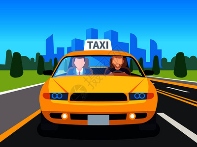 一辆黄色出租车驾驶出租车司机工作中插画