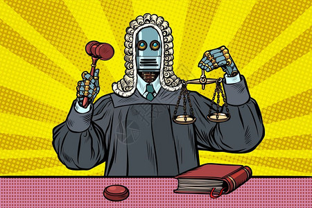 大律师穿着长袍的机器人法官复古卡通矢量插画插画