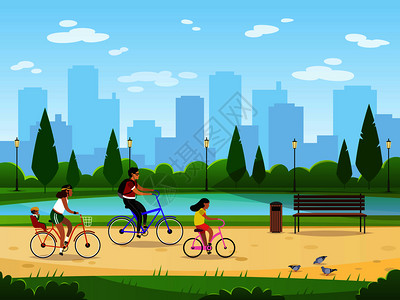 家庭骑自行车运动休闲卡通形象图片
