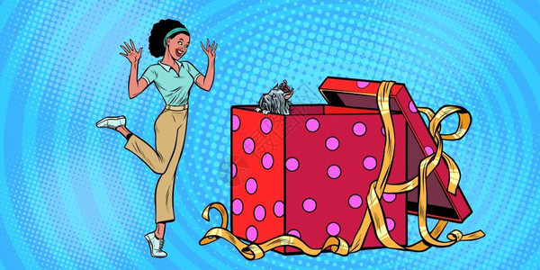 甜美清纯圣诞装扮美女拆开礼物盒狗节礼物盒非洲妇女有趣的反应喜悦流行艺术回放矢量说明50年代6的老古董非洲妇女有趣的反应喜悦插画