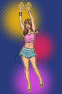 性感女星舞蹈穿着迷你裙舞蹈的年轻女孩复古卡通矢量插画插画
