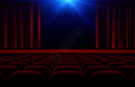 电影巨幕厅电影院或剧厅配有舞台红色幕帘和座位矢量图电影院和舞台幕插画