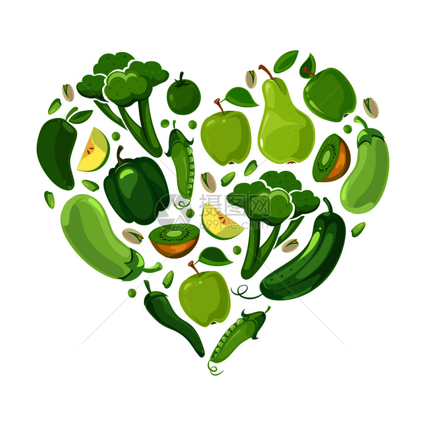 绿色蔬菜和水果绿色生有机食品以心脏的形式矢量说明图片