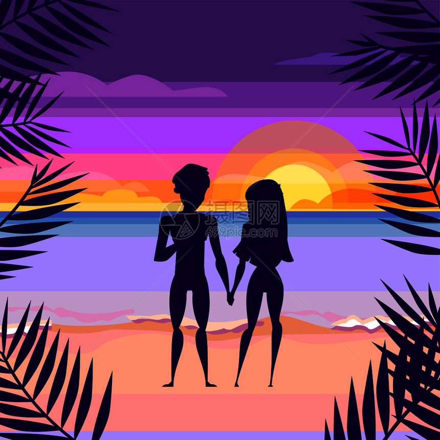日落海滩上相爱的情侣浪漫矢量插画图片