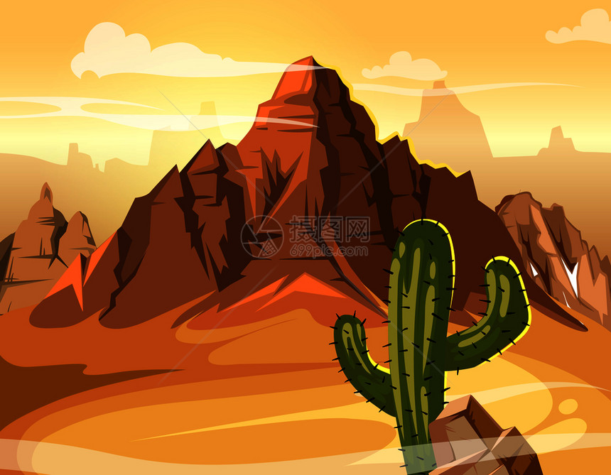沙漠全景自然山和绿仙人掌图片