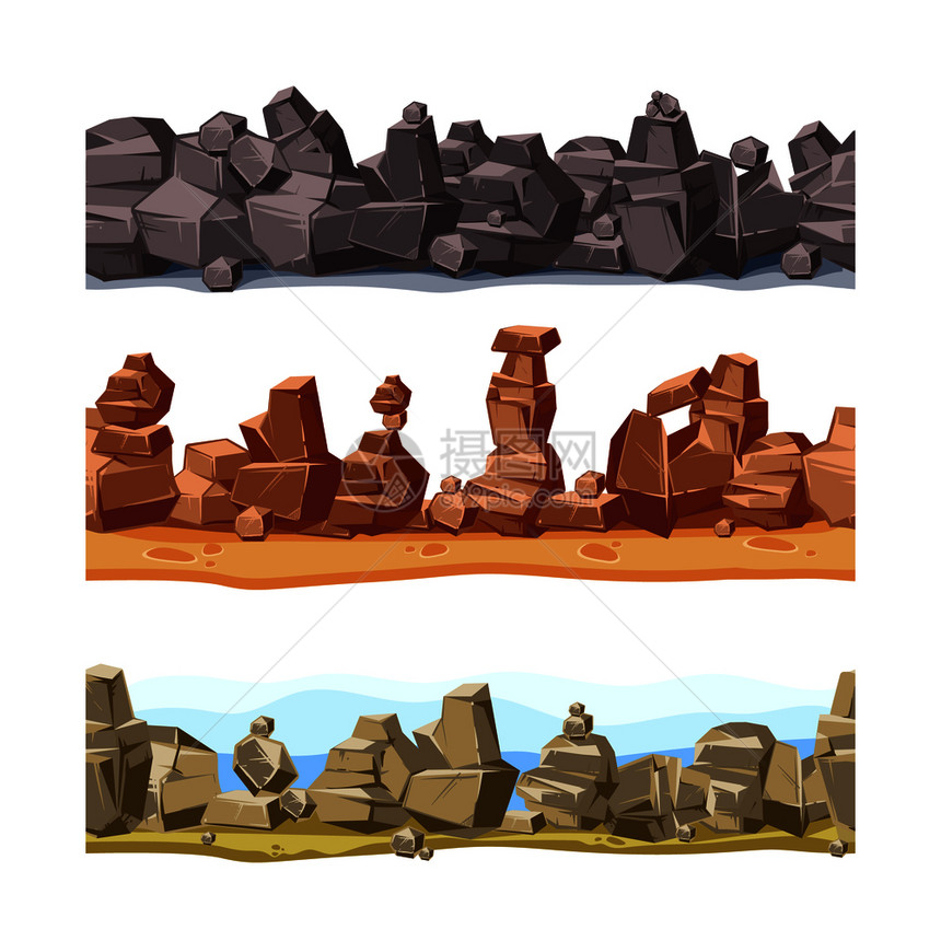 3个水平无缝岩石用于游戏户界面的山地景观矢量卡通插图集块状岩石景观图集3个水平无缝岩石图集3个水平无缝岩石图集游戏用户界面的山地图片