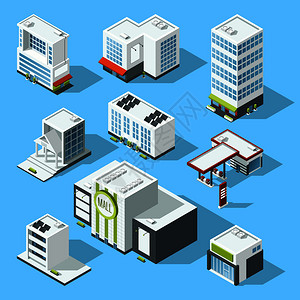建筑模型图超市银行市政建筑图插画