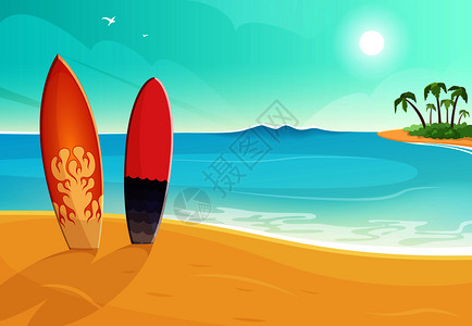 不同颜色的冲浪板海沙滩矢量夏季背景图片