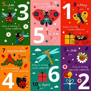 孩子生日请柬上面有趣的昆虫矢量插图图片