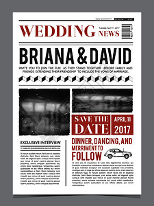 装饰性标题报纸头版上的婚礼邀请设计矢量布局模板报纸标题插图中的婚礼庆祝活动设计矢量布局模板插画