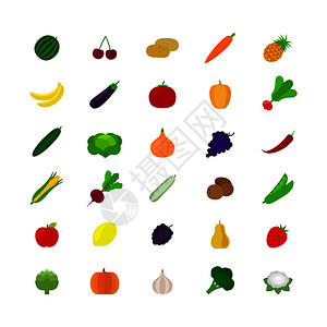 啤酒花水果平面风格的蔬菜和水果图标蔬菜和水果的平面图标插画