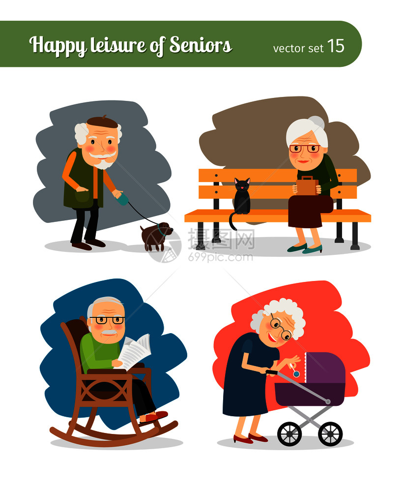 步行狗和阅读报纸照顾孙子女退休老人图片