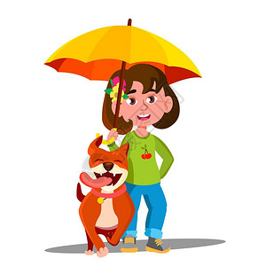 打着伞遛狗的小女孩卡通矢量插画图片