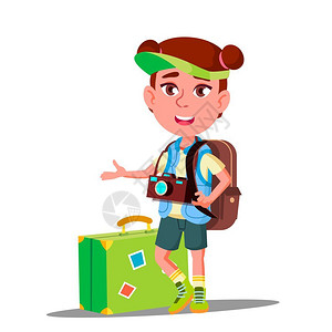 手提箱乐趣带手提箱的小女孩去旅行插画