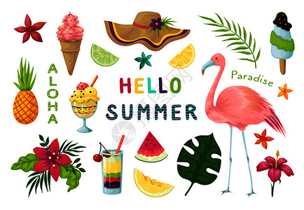 恩诺海滩可爱夏季热带火烈鸟水果鸡尾酒贴纸插画