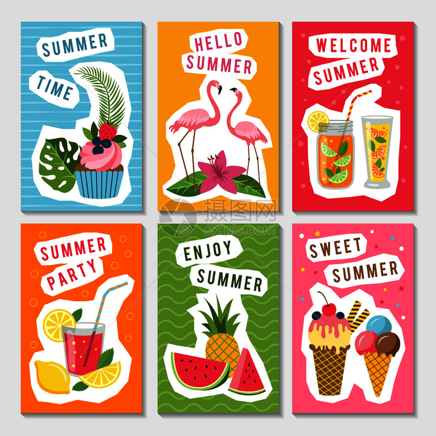 夏季配有水果冰淇淋和新鲜饮料标签图片
